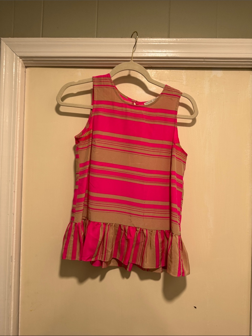 Amanda Uprichard Hot Pink and Tan Striped Peplum Tank